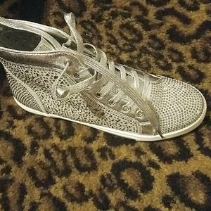Rhinestones covered faux seude high-top shoes